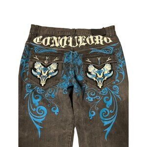 Premium Raw Vintage Y2K Affliction Black Jeans Blue Angel Wings Graphic Men's 36